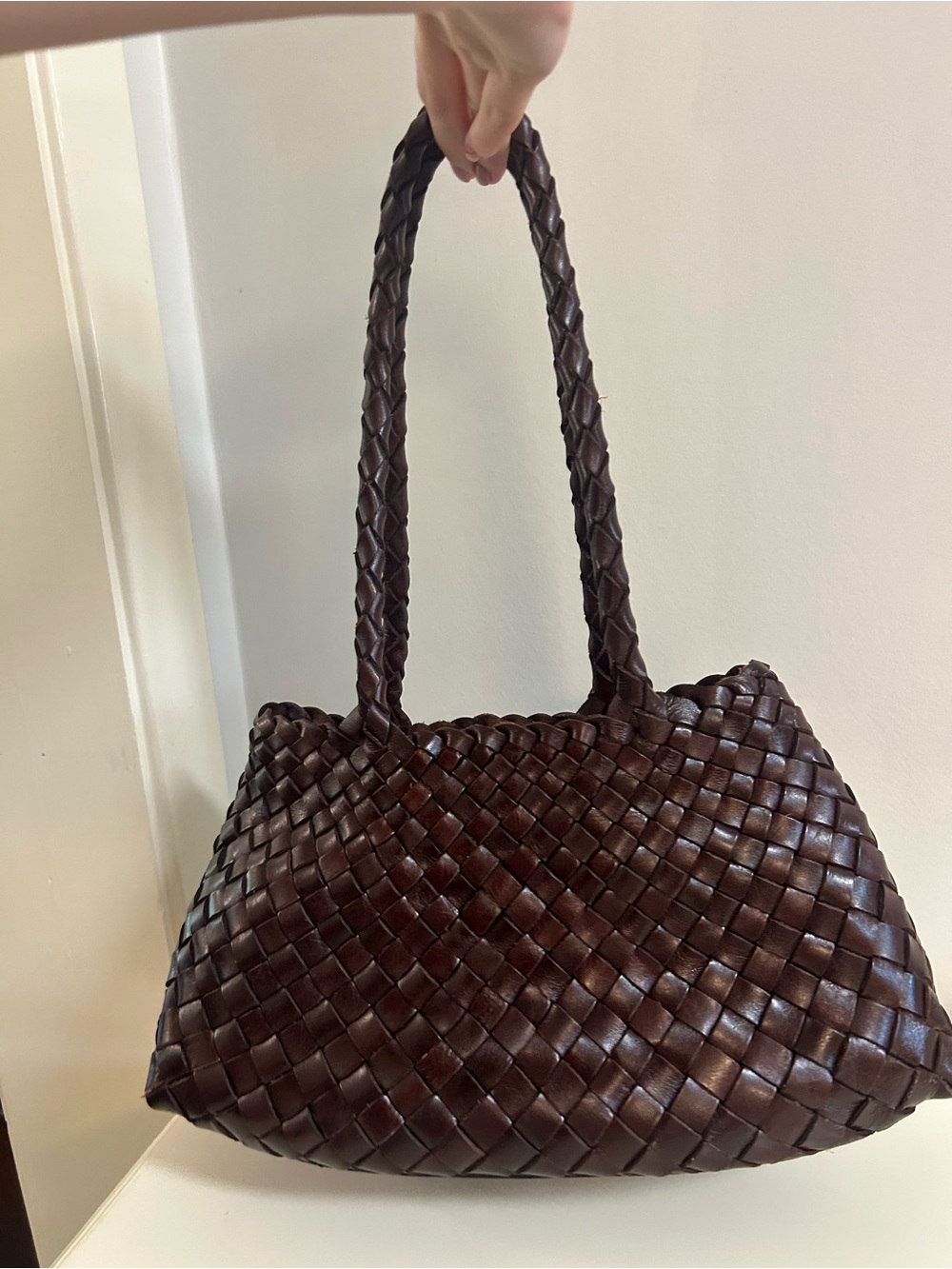 Woven Leather Shoulder Bag - Dark Brown